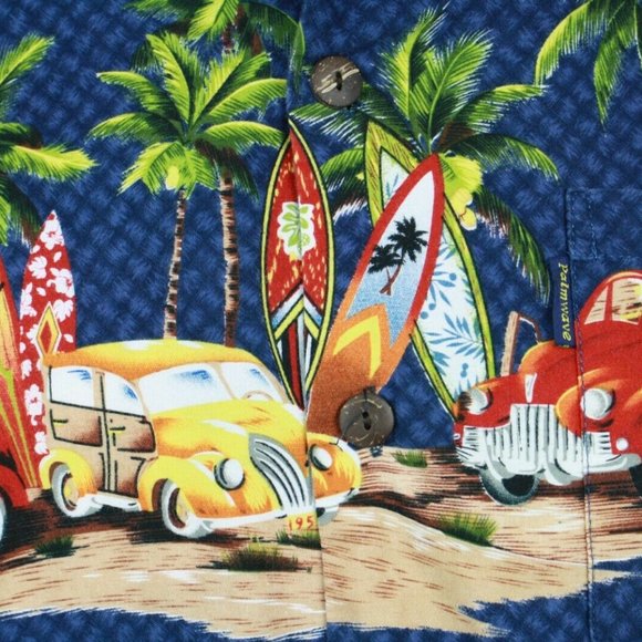 PALMWAVE HAWAIIAN BUTTON FRONT SHIRT-VINTAGE CARS, SURF BOARDS, PALM TREES L? - Picture 10 of 10